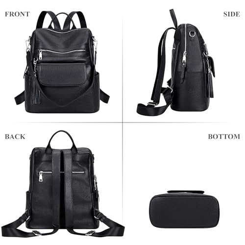 ALTOSY Genuine Leather Backpack Purse for Women Large Convertible Shoulder bag Ladies Crossdody Bag with Tassel - color: Black