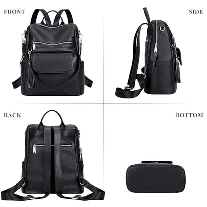 ALTOSY Genuine Leather Backpack Purse for Women Large Convertible Shoulder bag Ladies Crossdody Bag with Tassel - color: Black