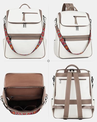 FADEON Laptop Backpack for Women Leather Travel Backpack with Laptop Compartment, Designer PU Shoulder Laptop Bag White - color: White Retro Style