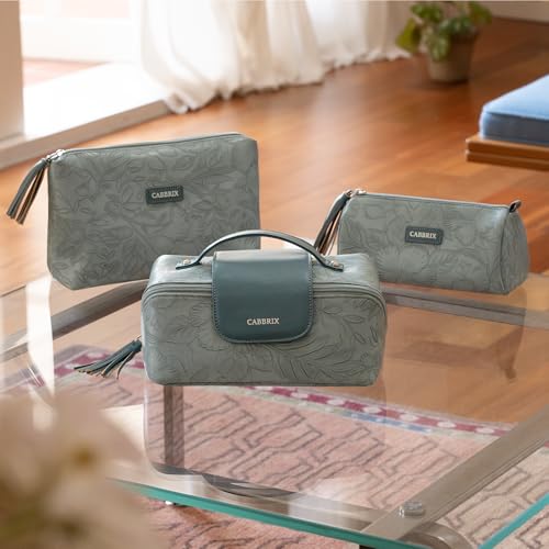 Cabbrix Travel Makeup Bag, Extra Large Capacity 3 Pcs Set Cosmetic Bag for Women, Waterproof PU Leather, Flat Open Portable Toiletry Bag for Skincare, Brushes & Travel Essentials (Blue) - color: Blue