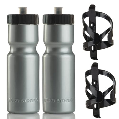 Bike Water Bottle Holder & Bottle Combo – 2-Pack 22 oz Sports Squeeze Bottles with Pull Top Cap & Easy-Install Bike Cage – Made in USA – 50 Strong Brand - color: Silver Bottle + Cage