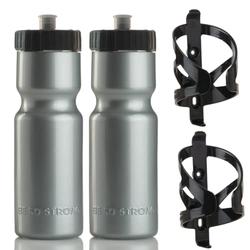 Bike Water Bottle Holder & Bottle Combo – 2-Pack 22 oz Sports Squeeze Bottles with Pull Top Cap & Easy-Install Bike Cage – Made in USA – 50 Strong Brand - color: Silver Bottle + Cage