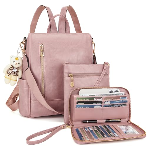 Soperwillton Women Fashion Backpack Purse Anti-Theft Leather Shoulder Bag Travel Multi Pockets Handbag Wallet Set 3pcs - color: Pink