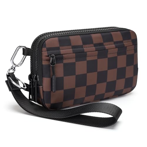 FODOKO Wristlet wallets for women Nylon Quilted Wallet with 4 Zippers,Travel Credit Card,Holder Cell Phone Organizer - color: Dark Brown