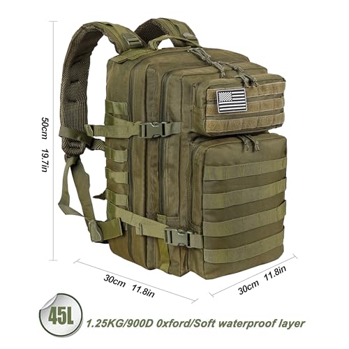 LHI Military Tactical Backpack for Men and Women 45L Army 3 Days Assault Pack Bag Large Rucksack with Molle System - Green - color: Army Green