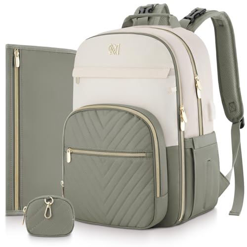 MOMUVO Diaper Bag Backpack, Quilted Baby Bag with Changing Pad & Stroller Straps & Pacifier Case, Large Travel Diaper Bags for Mom Dad, Green Beige - color: Green Beige