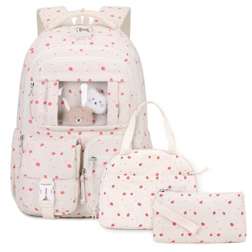 PIG PIG GIRL Corduroy Backpack 3PCS Kids Backpack for Girls School Bags for Middle School Students Book Bag for Elementary Primary Kawaii Ita Backpack with Lunch Box Pencil Case Set, Beige Strawberry - color: Beige Strawberry-3pcs