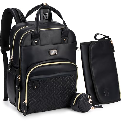 Dikaslon Leather Diaper Bag Backpack with Portable Changing Pad, Pacifier Case and Stroller Straps, Large Unisex Baby Bags for Boys Girls, Multipurpose Travel Back Pack for Moms Dads, Black - color: Vegan Leather Black