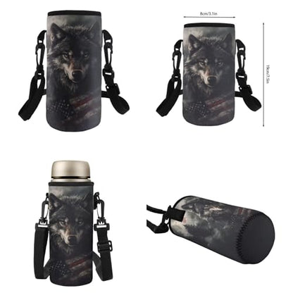 Flashideas American Flag Wolf Backpack for Boys Kids Backpack with Lunch Box 32 oz Water Bottle and Water Bottle Sleeve 4Pcs Set 17" Lightweight Bookbag with Compartments for School Sturdy School Bag - color: American Flag Wolf