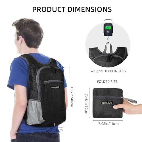 Small Hiking Backpack with Detachable Front Phone Holder, Foldable Packable Back pack with Chest and Waist Strap, Lightweight Daypack for Women Men (Black, 15L) - color: Black