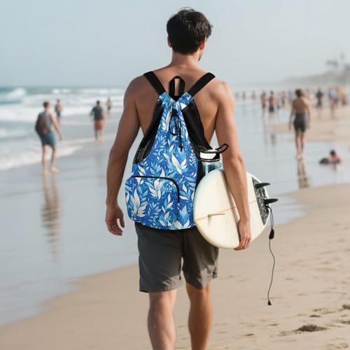 Yuiboo Light Blue Leaves Women Mens Drawstring Backpack Gym Sackpack with Water Bottle Pocket String Swim Bag Dry Wet Separation