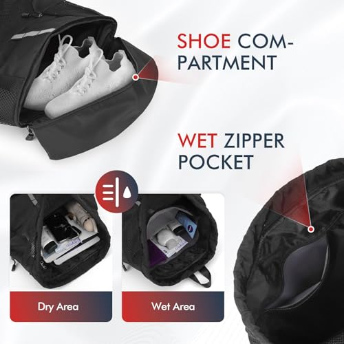 PinCute Drawstring Gym Bag for Men/Women - Mesh Beach Swim Bags Sports Backpack with Wet Pocket&Shoe Compartment, Lightweight - color: Black
