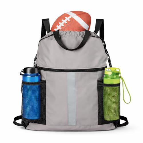 PPZ Drawstring Sports Backpack with Side Mesh Pockets, Lightweight Gym & Travel Bag with Water Bottle Holders for Fitness, Outdoor Activities and Daily Use – Gray