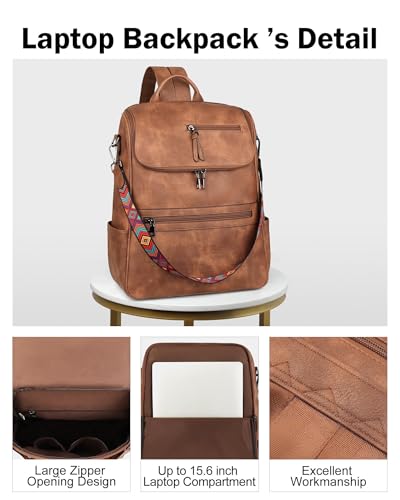 FADEON Laptop Backpack for Women Leather Travel Backpack with Laptop Compartment, Designer Ladies Computer Backpacks Brown - color: 1 Brown Retro Style