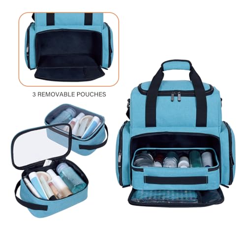 Large Makeup Cosmetic Bag with 3 Removable Case and 2 Removable Dividers Double Layer Travel Storage Organizer, Makeup Brushes Storage Section Lake Green - color: Lake Green