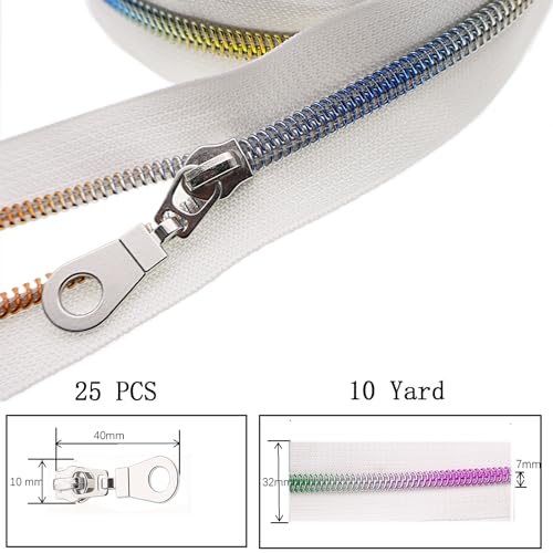 #5 Colorful Metallic Nylon Coil Zippers by The Yard, Bulk White Zipper Tape 10 Yards with 25Pcs Pulls for DIY, Sewing, Craft, Bags YIGUANXIN - color: White-Rainbow teeth
