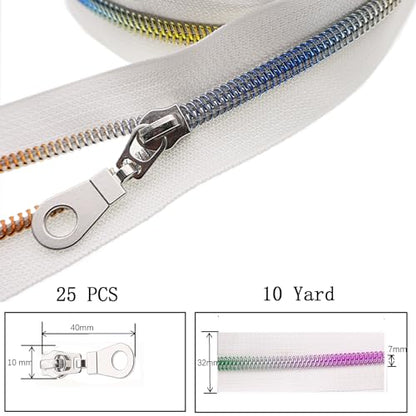 #5 Colorful Metallic Nylon Coil Zippers by The Yard, Bulk White Zipper Tape 10 Yards with 25Pcs Pulls for DIY, Sewing, Craft, Bags YIGUANXIN - color: White-Rainbow teeth