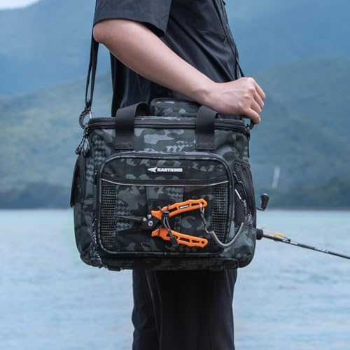 KastKing BaitSpace Fishing Tackle Bag With 4 Tackle Boxes & Removable Bait Binder, Water-Resistant Tackle Storage, Durable Fishing Gear, Adjustable Shoulder Strap - color: A: Black Camo, size: Medium - 4*3600 Trays