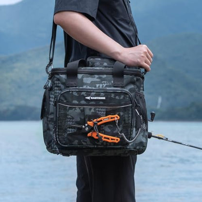 KastKing BaitSpace Fishing Tackle Bag With 4 Tackle Boxes & Removable Bait Binder, Water-Resistant Tackle Storage, Durable Fishing Gear, Adjustable Shoulder Strap - color: A: Black Camo, size: Medium - 4*3600 Trays
