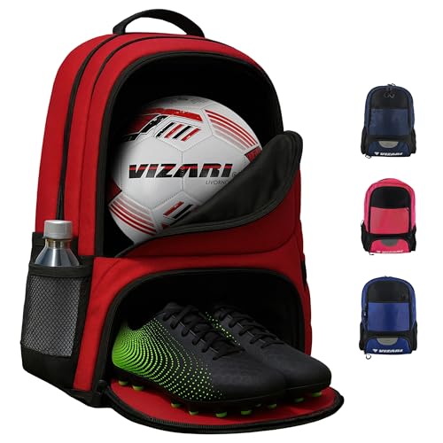 Vizari Soccer Backpack Soccer Bag | Water resistant Durable Equipment Bag for Football, Basketball, Volleyball | Cleats and Ball Compartment - Red,Blue,Pink,Black - color: Black/Red