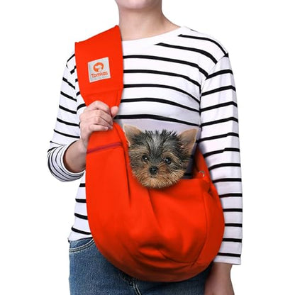 Tomkas Small Dog Cat Sling Carrier Puppy Purse Travel Wrap Soft Crossbody Pet Bag (Red, M - Zip Pocket & Adjust Strap) - color: Red
