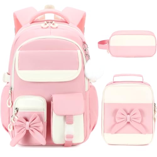 Kids Backpack for Girls, 3PCS School Backpack Set with Insulated Lunch Box & Pencil Case, Waterproof Lightweight Bookbag for Elementary & Middle School, Cute Bow Travel Daypack Pink-Beige - color: Pink-beige