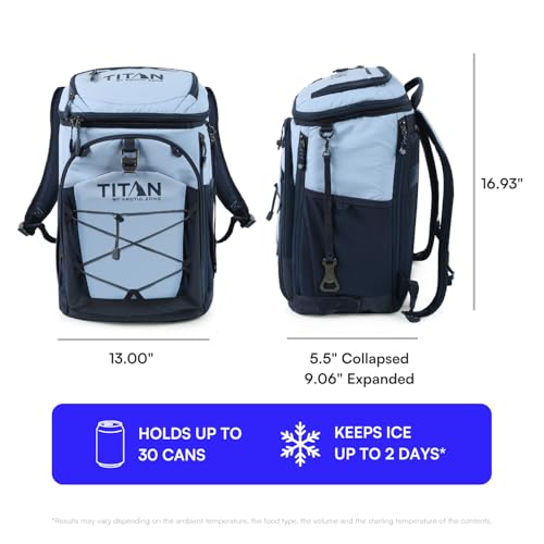 Titan Deep Freeze Ice Wall Backpack Cooler 30 Can Cooler Bag with Ice Packs - color: Dark Arctic Blue