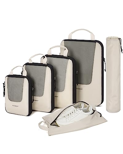 BAGSMART Compression Packing Cubes for Travel, 6/5/4set Lightweight Packing Organizers, Summer Travel Essentials Suitcase Organizer Bags Set - color: A-Beige, size: 6 Set-Compress