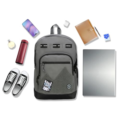 Swissdigital Design Big Student Laptop Backpack with Fun Personalized Patches For College Boys & Girls, Middle High School Teen Bookbag Cool Travel Daypack Grey- Includes 3 Patches | SD1718-03 - color: Dark Grey