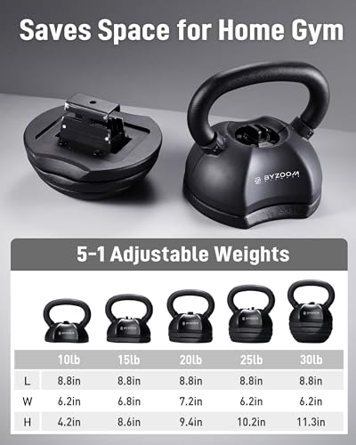 BYZOOM FITNESS Pure Series Adjustable Kettlebell 30/40/50LB - 5-IN-1 Weight Change, Patented Quick-Change Machenism, Ergonomic Curved Handle for Home Gym, Strength Training, HIIT, White OR Black - color: 30LB Black