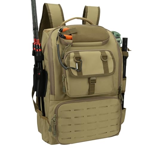 Pyrrhus 40L Fishing Backpack with Rod Holders & Insulated Cooler Compartment, Camping Cooler Tackle Storage for Anglers - color: Khaki