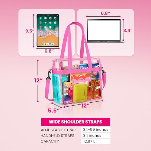 Handy Laundry Clear Bag 12x6x12 Stadium Approved - Transparent Tote Zippered Top & Shoulder Straps for Work, Sports, Concerts - color: Pink