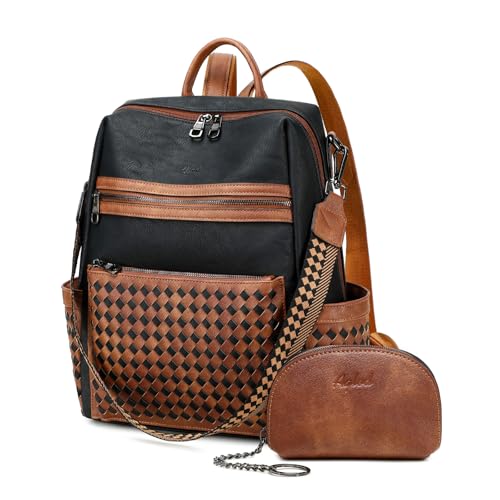 AGLOD Leather Backpack Purse for Women Designer Ladies Shoulder Bag Fashion Faux Work Travel Handbags - color: Woven Black-brown
