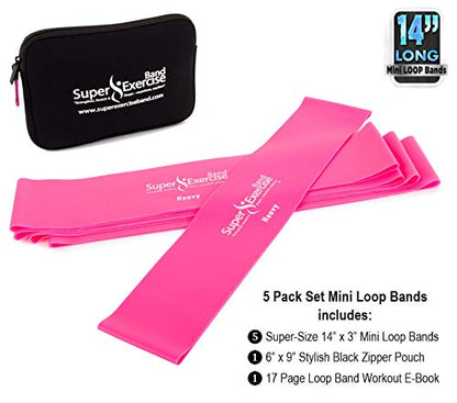 USA 14" x 3" Extra Long Latex Free Mini Loop Bands in 3, 5, 10 Pack Sets. 10 Strengths for Resistance Training, Stretching, Yoga, Toning. Plus an Exclusive iPhone App and E-Book. - color: p. Fuchsia Pink HEAVY Loop Band 5 Pack