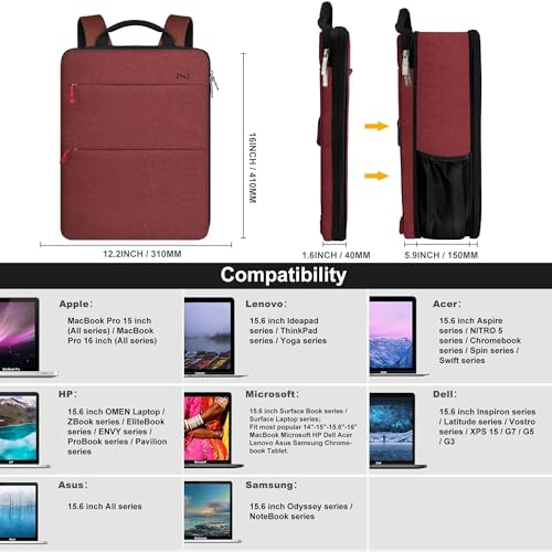 ZINZ Slim & Expandable Laptop Backpack 15 15.6 16 Inch Case, Water Resistant Travel Backpack Compatible with MacBook Pro/Neo 16" 15", Dell XPS 15 16 and Most 15" 15.6" 16" Notebooks，RD01BK01 - color: Rd01bk01, size: 15"-16"