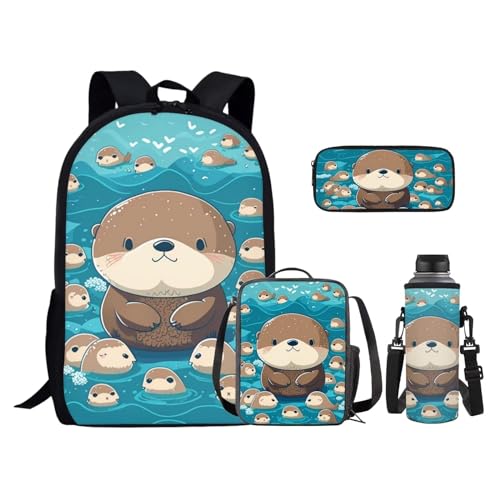 4PCS Cartoon Otter Backpack Set for Girls Boys Kawaii School Bag with Lunch Bag Pencil Case and Water Bottle Holder Lightweight Bookbag for Kids Elementary Middle School Students - color: Cartoon Otter
