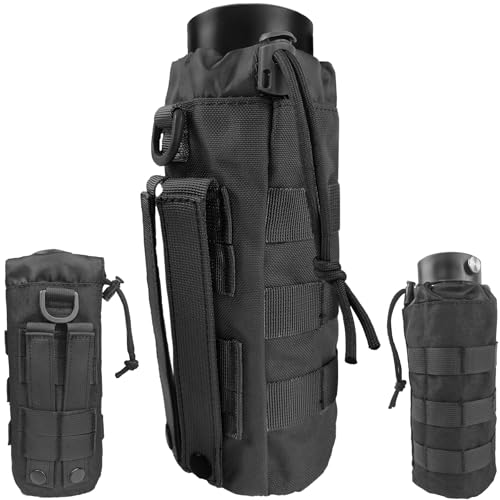 Tactical MOLLE Water Bottle Holder, Upgraded Water Bottle Pouch with Drawstring Open Top & Mesh Bottom, 16/24/25/32oz Water Bottle Carrier Bag with D-Ring Hook for Backpack - color: Black