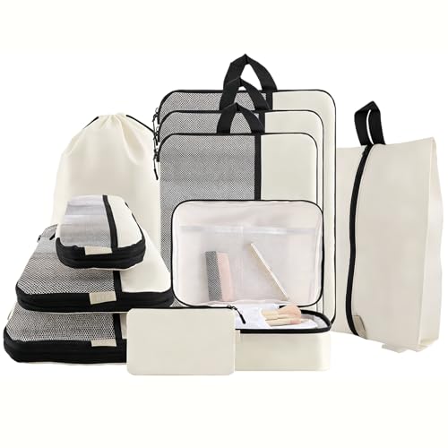 U+U 10 Set Compression Packing Cubes - Ultralight Cream Travel Organizers with Laundry Bag, Space-Saving Suitcase Organizer, Expandable Packing Cubes for Travel and Family Vacation (Cream) - color: Cream, size: 10 Set
