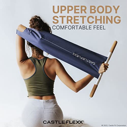 CastleFlexx Mobility and Full Body Strengthening Device | Non-Elastic Stretch Strap with Natural Premium Cork Handles for Stretching, Exercise, Physical Therapy, and Yoga | Height up to 5’9” Aqua