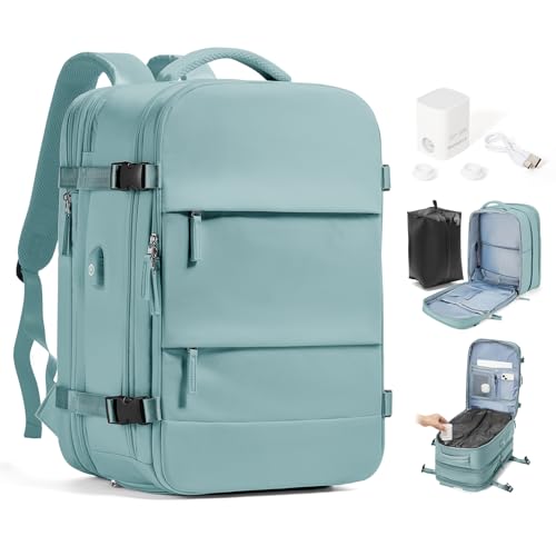 Travel Backpack with Compression Vacuum Storage Bag & Electric Pump, Expandable Flight Approved Carry On Backpack, 18x14x8 inches Personal Item Travel Bag for Men Women, Blue - color: Blue
