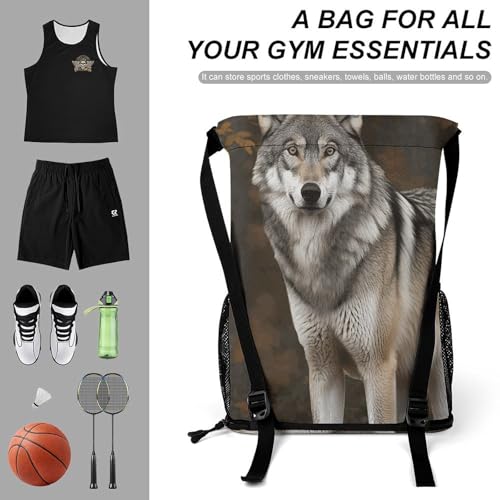 Drawstring Gym Backpack with Shoe Compartment And Wet Pocket, 28L Lightweight Waterproof Wild Wild Gray Wolf Sports Backpack for Workout Swim Beach Travel String Bag for Men Women