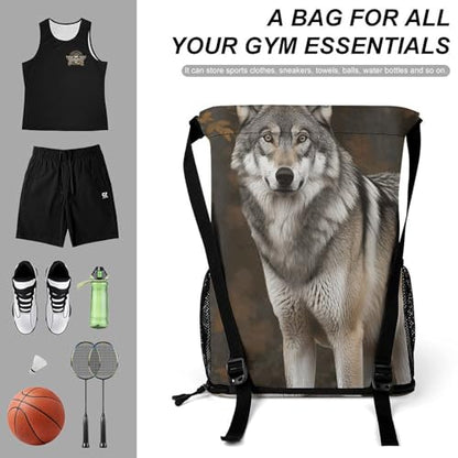 Drawstring Gym Backpack with Shoe Compartment And Wet Pocket, 28L Lightweight Waterproof Wild Wild Gray Wolf Sports Backpack for Workout Swim Beach Travel String Bag for Men Women