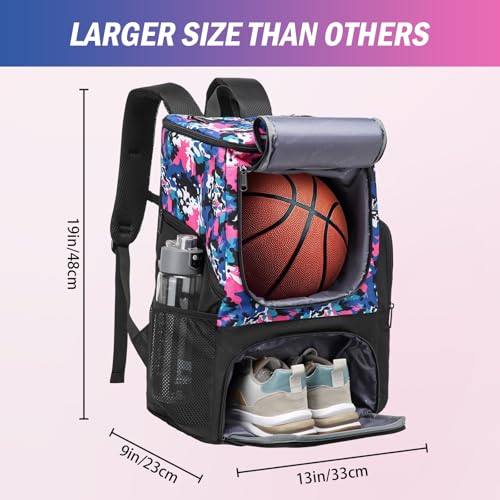 Basketball Backpack, Basketball Bag with Separate Ball Holder & Shoes Compartment Water Resistant Sports Bag Basketball Equipment Bags Fit Volleyball, Soccer, Swim, Gym, Travel, Camouflage (Small) - color: Pink-small