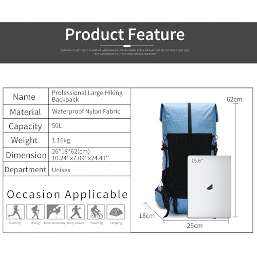 Hiking Backpack,40L to 50L Extra Large Capacity Hiking Bag,Internal Frame Camping Backpack,Upgraded X-PAC Lightweight Sport Daypack Travel Backpack Fit For Mountain Climbing Camping(Blue) - color: Blue