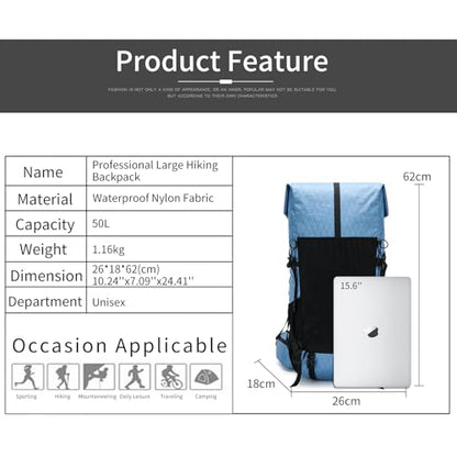 Hiking Backpack,40L to 50L Extra Large Capacity Hiking Bag,Internal Frame Camping Backpack,Upgraded X-PAC Lightweight Sport Daypack Travel Backpack Fit For Mountain Climbing Camping(Blue) - color: Blue