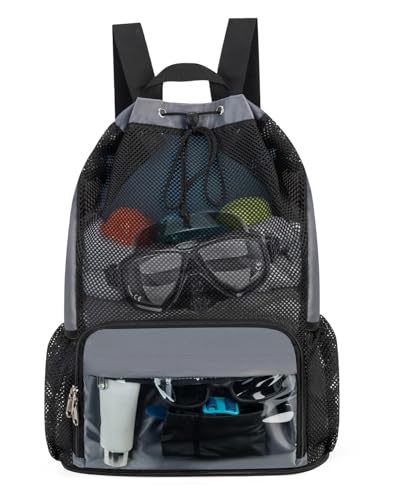 Drawstring Backpack Sandproof Beach Backpack with Shoe Compartment & Wet Pocket Waterproof Mesh Swim Bag Pool Bag for Gym, Travel and Workout Gear (Grey) - color: Grey