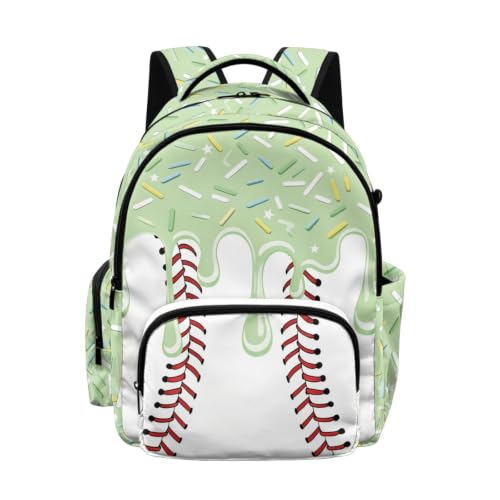 Suobstales Green Baseball Ice Cream Drip Print Kids School Backpack Heavy Duty Schoolbag Travel Casual Daypack Teens Boys Girls Back to School Gifts 17 Inch Bookbag Middle School Students Rucksack - color: Green Baseball Ice Cream Drip
