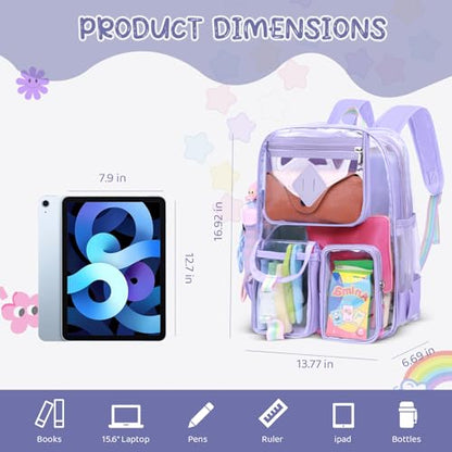 Clear Backpack for Stadium Events, Large Heavy Duty PVC Transparent Backpacks for Girls Women, See Through Backpack for School, Purple