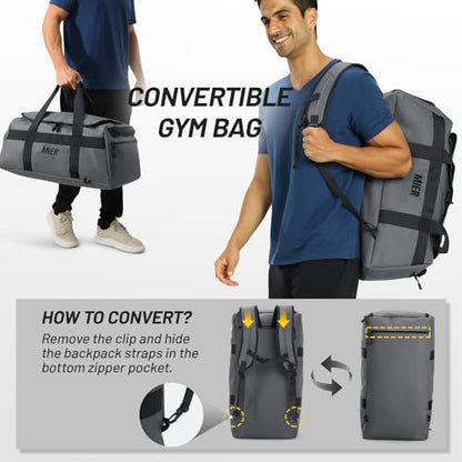 MIER Gym Bag for Men Large Duffel Backpack with Shoe Compartment, 60L Convertible Duffle Bags Weekender Overnight Bag for Gym Sports Travel, Gray - color: Grey