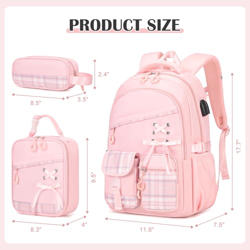 DIGOBAY Backpacks for Girls - 3PCS Girls Backpack with Lunch Box & Pencil Pouch Plaid School Backpacks for Elementary Middle High College School Bookbag for Teen Girl Kids Students Pink - color: Pinkplaid
